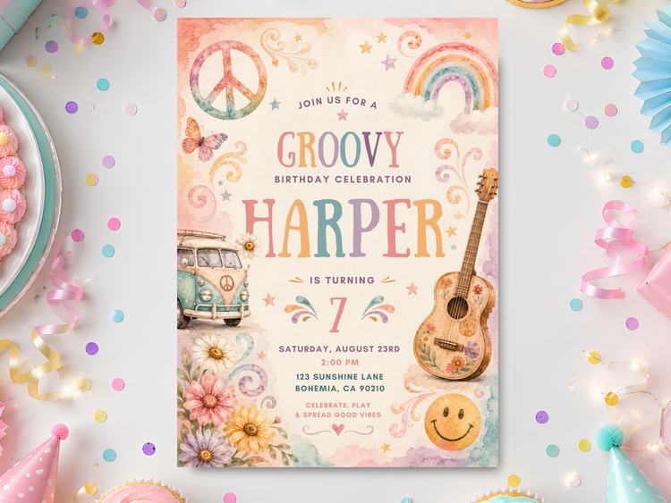 Groovy hippie birthday invitation template with pastel rainbow, peace sign, vintage van, guitar, flowers and smiley details.