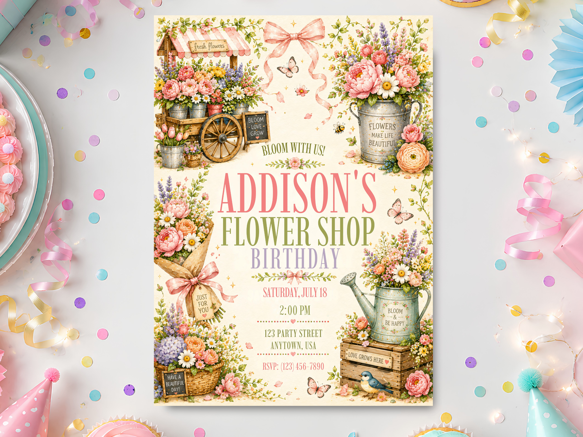 Flower Shop birthday invitation template with watercolor bouquets, a flower cart, watering cans, butterflies, bows and pastel botanical details in a vertical 5 × 7 layout.