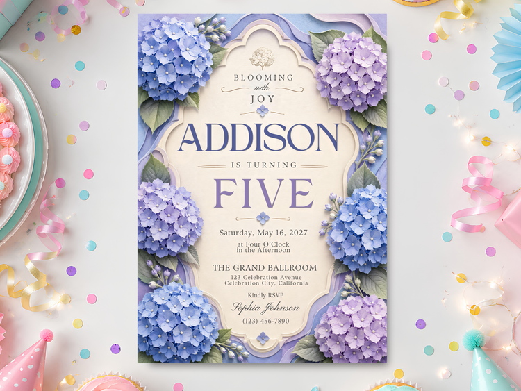 Blue and lavender hydrangea birthday invitation template with cream ornamental frame, floral border, elegant serif typography, and customizable birthday details in a portrait 5x7 design.