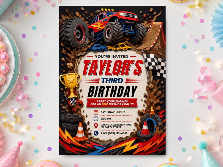 Monster truck birthday invitation template featuring a red monster truck, dirt ramp, oversized tires, racing flags, flames and trophy details