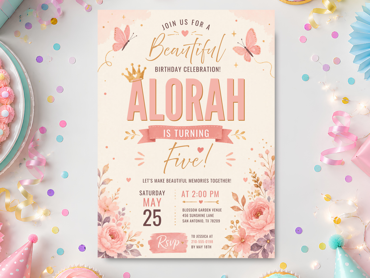 Butterfly floral birthday invitation template in soft blush pink and peach with watercolor flowers, delicate butterflies, botanical leaves, elegant script, and a portrait 5x7 layout.