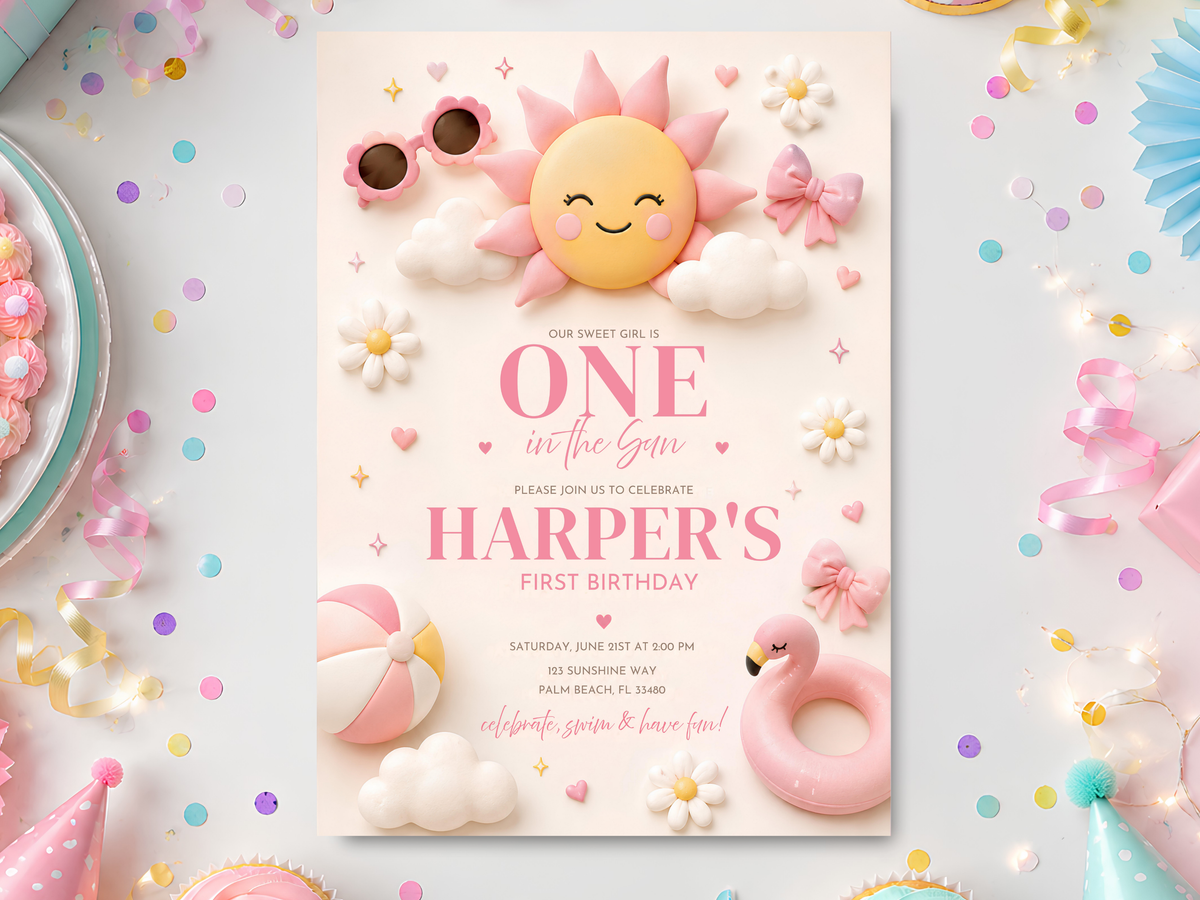 Sunshine birthday invitation template with a smiling yellow sun, pastel clouds, daisies, hearts, pink flamingo float, beach ball and colorful confetti.