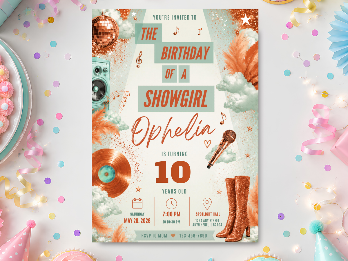 Showgirl birthday invitation template with mint green and coral retro glam styling, featuring a disco ball, vinyl record, microphone, music notes, feather accents, sparkle details and tall boots.