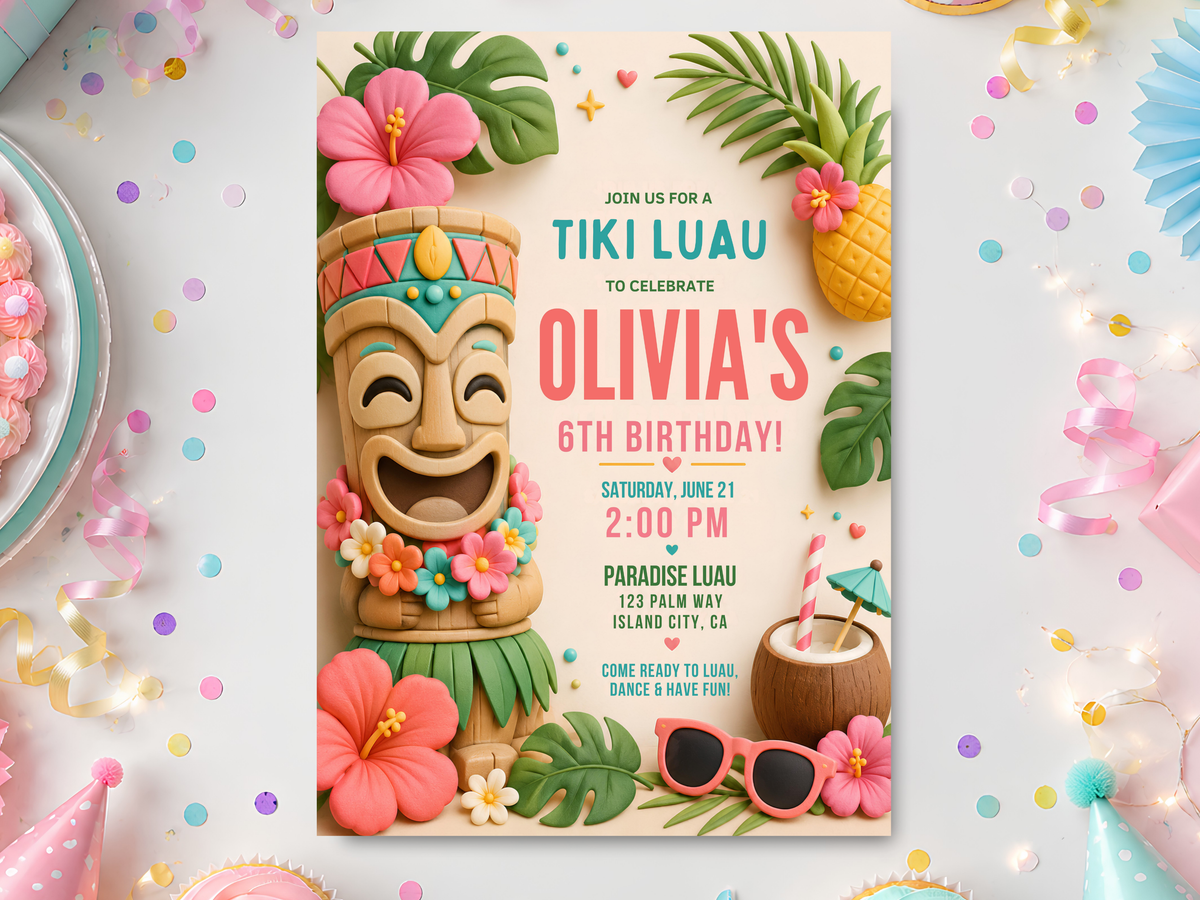 Tiki luau birthday invitation template with smiling wooden tiki statue, pink hibiscus flowers, tropical leaves, pineapple, coconut and sunglasses in colorful island style.