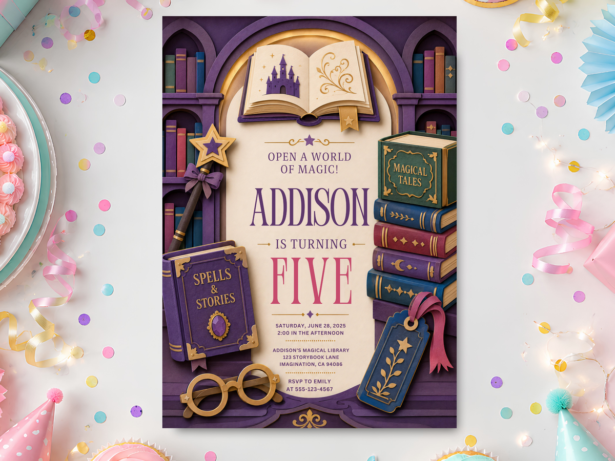 Magical library birthday invitation template in purple and gold, featuring an open storybook, castle, enchanted books, stars, bookmark details and elegant fantasy typography.