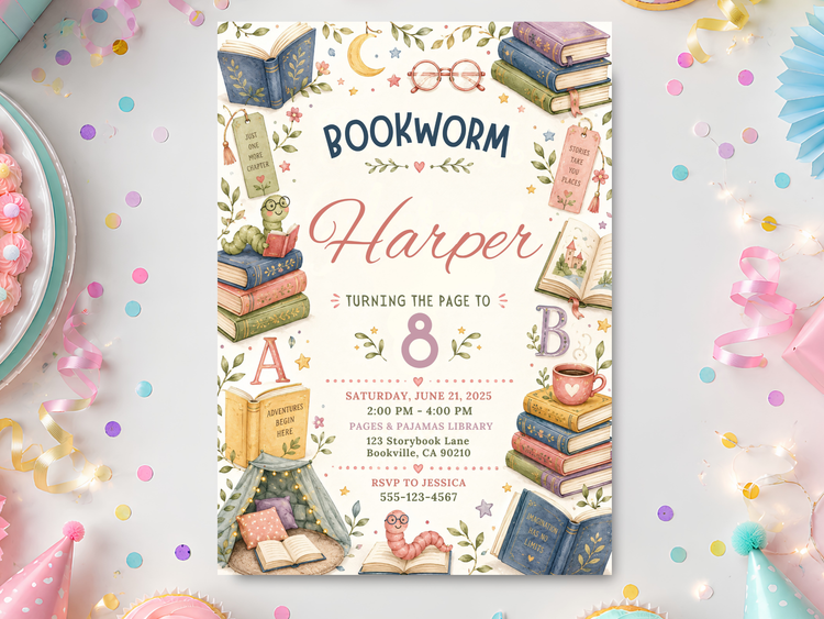 Bookworm birthday invitation template featuring stacked books, open storybooks, reading glasses, tea cup, leafy accents, alphabet letters, and a cozy reading nook.