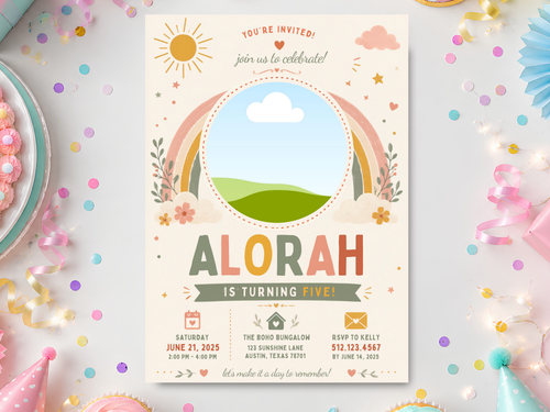 Boho rainbow birthday invitation template in a pastel party mockup, featuring a rainbow arch, sun, clouds, green hills, flowers, leaves, hearts, stars, and colorful birthday lettering.