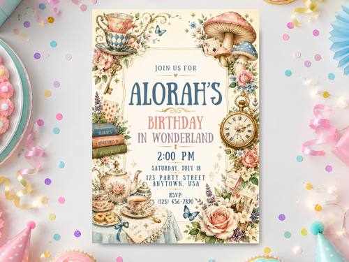 Alice in Wonderland-inspired birthday invitation template, full 5 x 7 portrait design with vintage watercolor teacups, roses, mushrooms, butterflies, books, pocket watch and playing-card details.