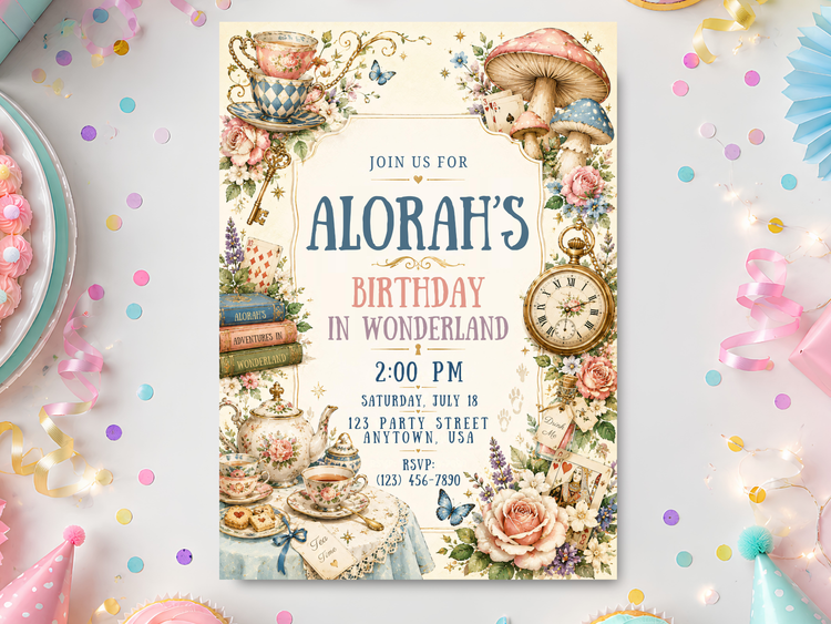 Alice in Wonderland-inspired birthday invitation template, full 5 x 7 portrait design with vintage watercolor teacups, roses, mushrooms, butterflies, books, pocket watch and playing-card details.