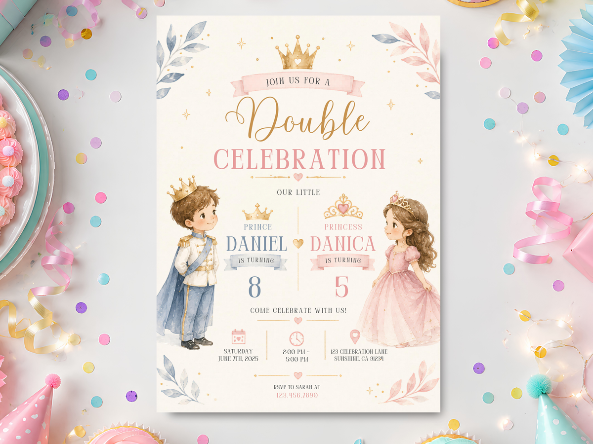 Full royal prince and princess double birthday invitation template in soft watercolor style with gold crowns, floral branches, blush pink, ivory, sage and pale blue accents.