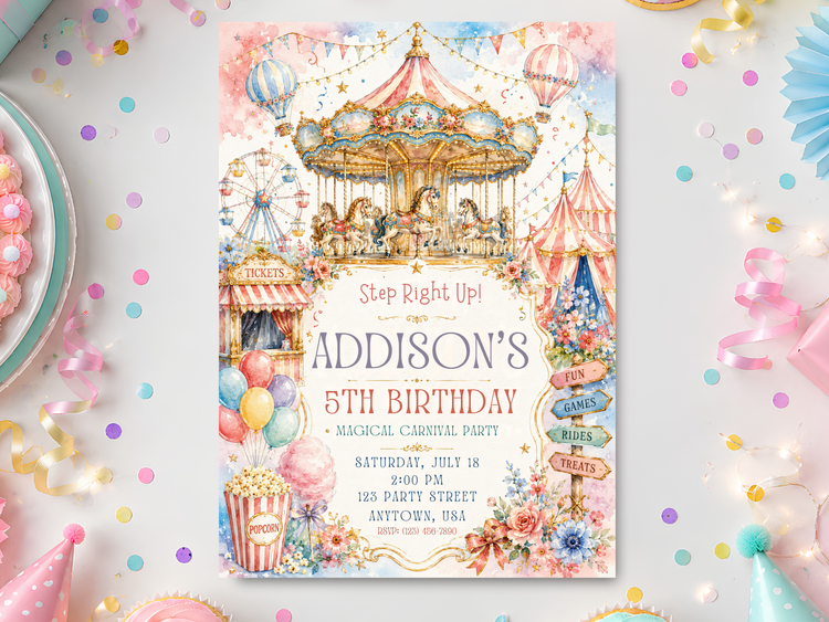 Carnival carousel birthday invitation template in whimsical vintage watercolor style with pastel fairground artwork