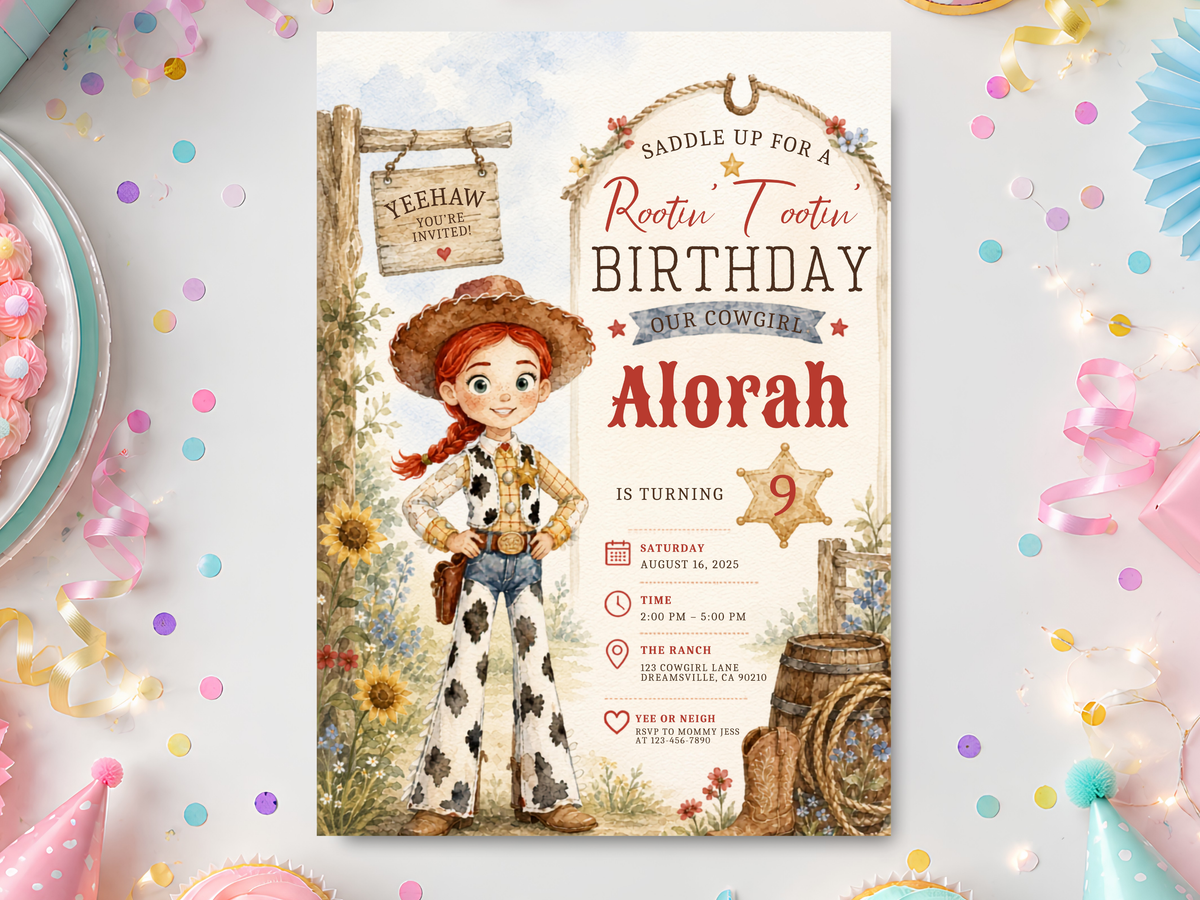 Jessie cowgirl birthday invitation template featuring a red-haired cowgirl character, cowboy hat, sunflowers and rustic western details.