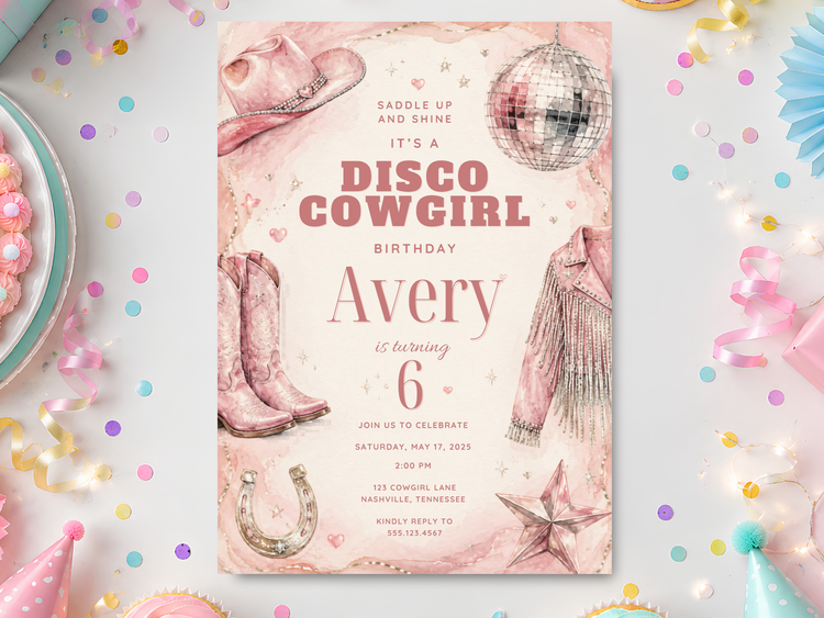 Pink disco cowgirl birthday invitation with cowboy boots, cowgirl hat, horseshoe, sheriff star and disco ball on a soft pink western background