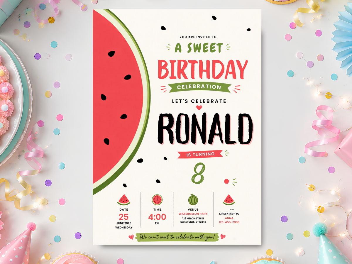 Watermelon birthday invitation template featured in a colorful party setting with a bold red watermelon slice, green rind, playful typography, and 5 × 7 portrait layout.