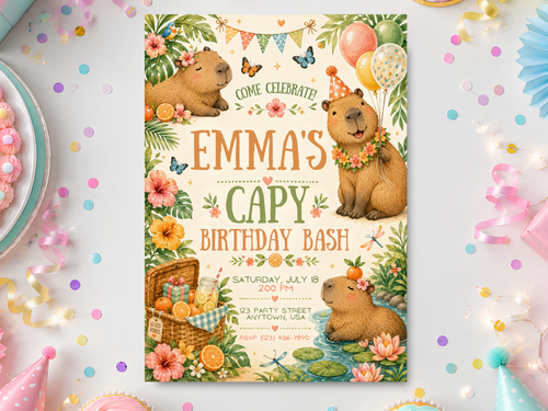 Capybara birthday invitation template displayed in a colorful party setting with confetti, balloons and playful party details