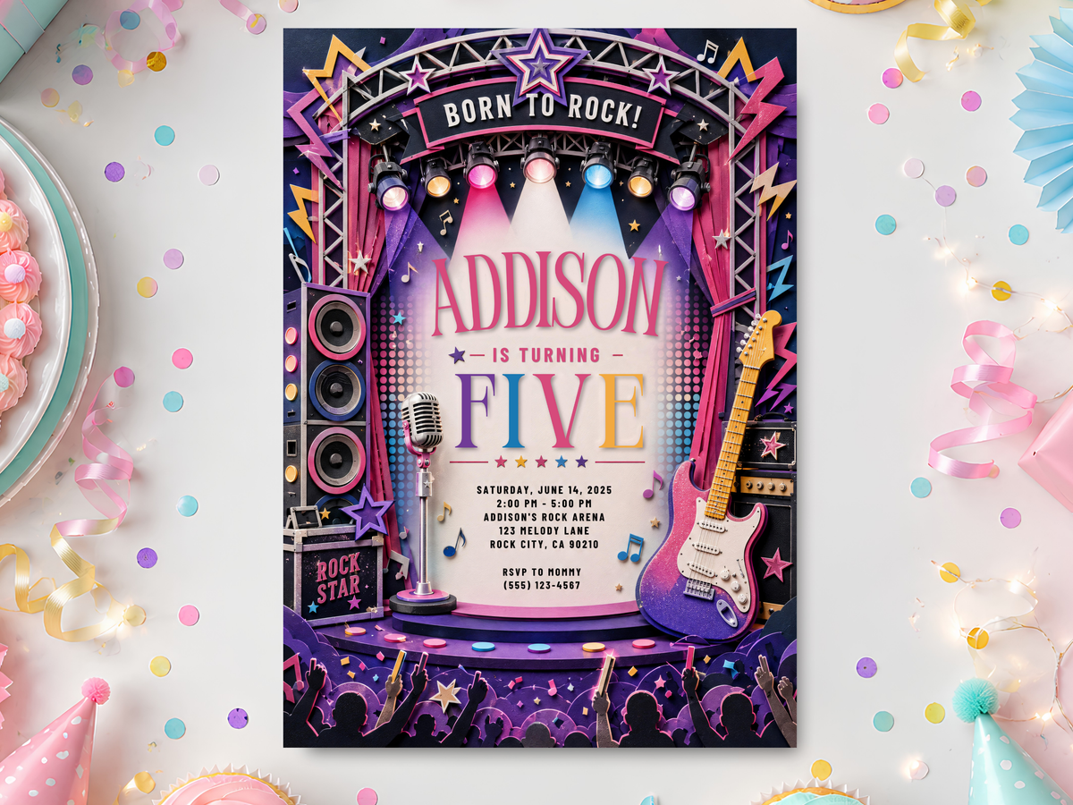 Rock star birthday invitation template with colorful concert stage, electric guitar, microphone and purple pink blue lights.