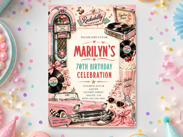 Rockabilly birthday invitation template featuring a full portrait layout with a retro jukebox, vinyl records, classic car, diner milkshake and vintage Americana details.