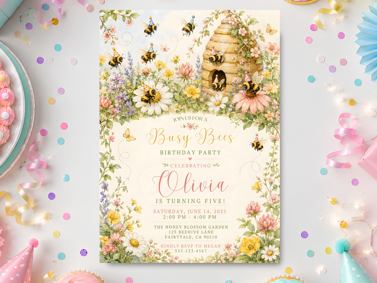 Busy Bees birthday invitation template with watercolor honey bees, wildflowers, beehive and honeycomb details in a soft pastel garden design.