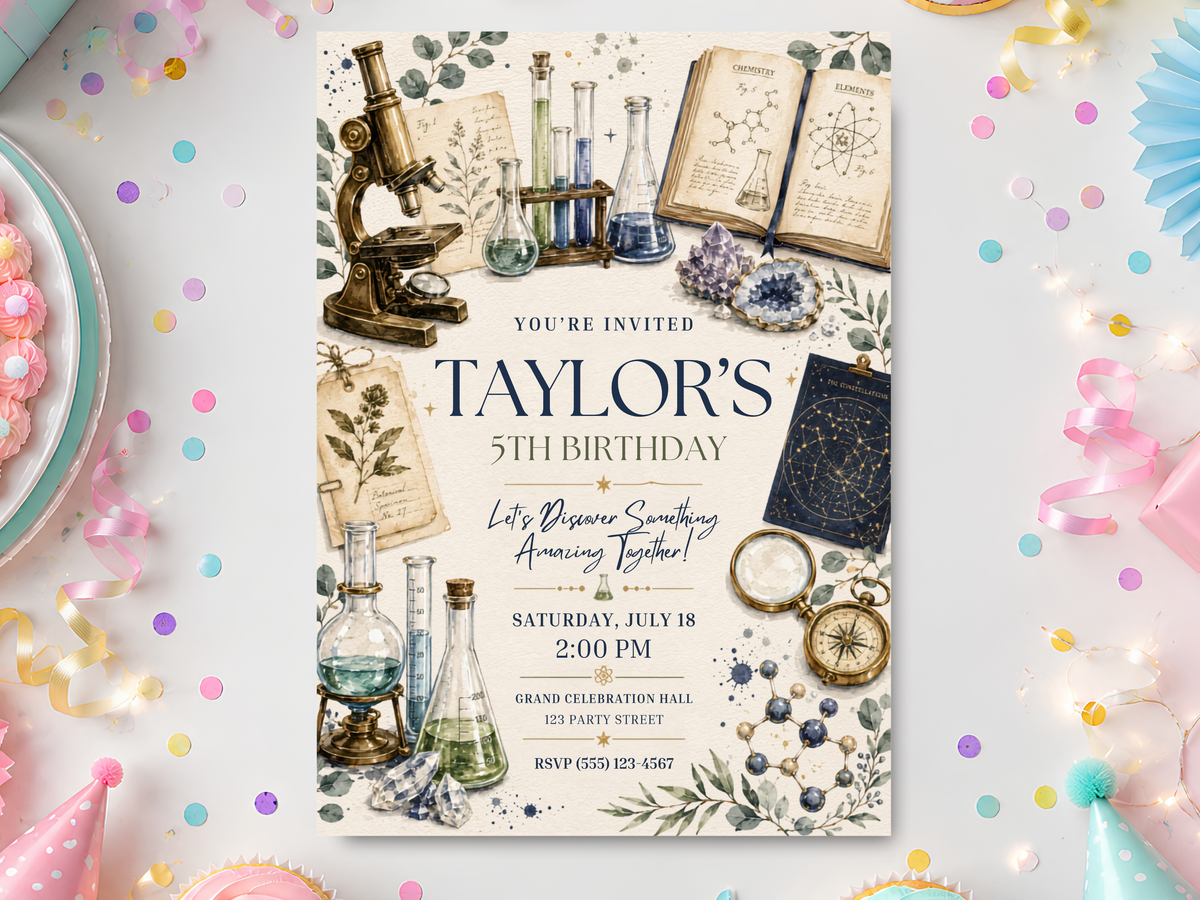Science birthday invitation template hero image with antique microscope, laboratory glassware, botanical sketches, scientific notes, atom diagram and vintage cream, blue and muted gold details.