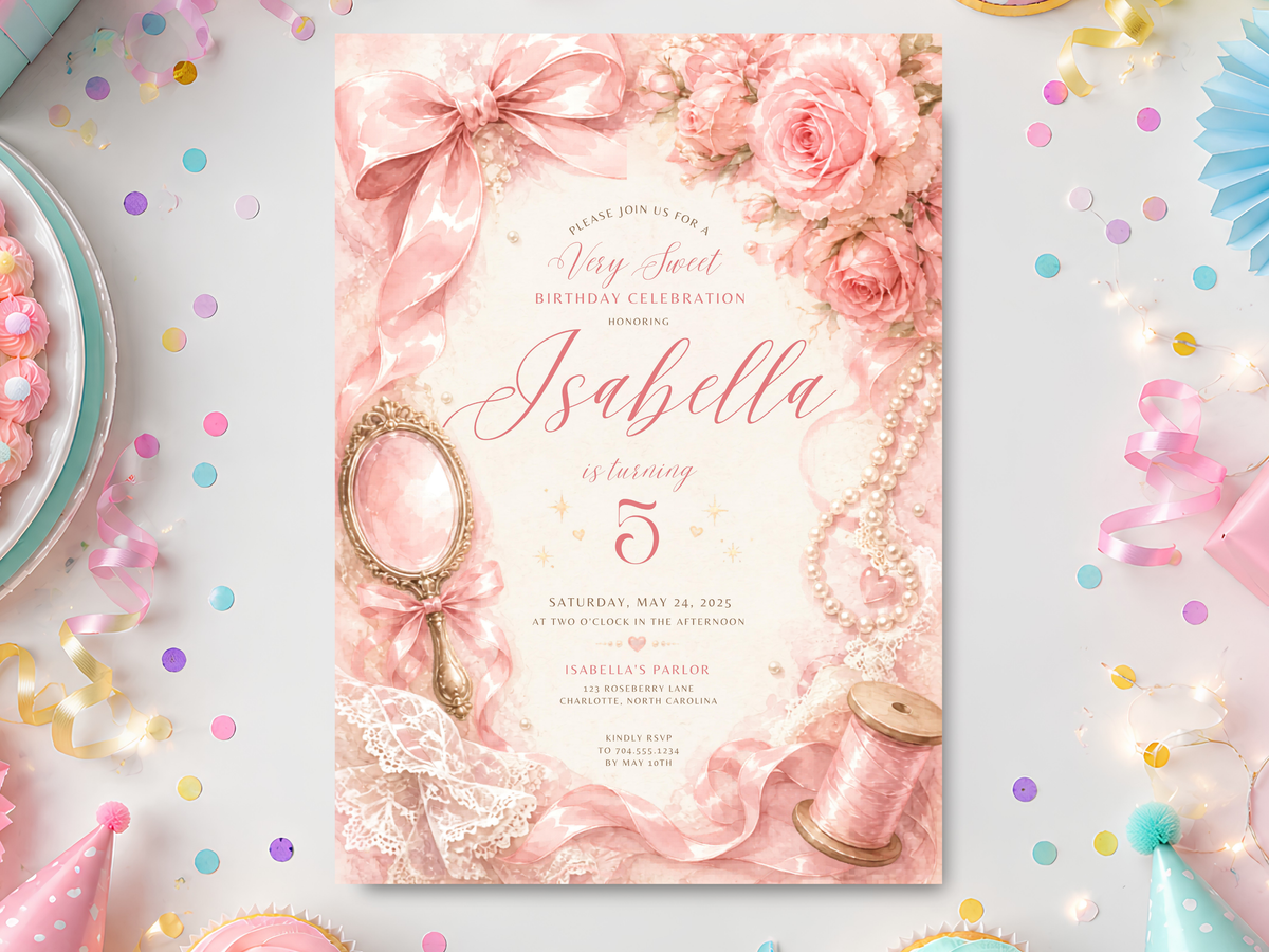 Vintage sewing birthday invitation template artwork in blush pink and cream with roses, satin bows, pearls, lace, a hand mirror and sewing details — hero product view.