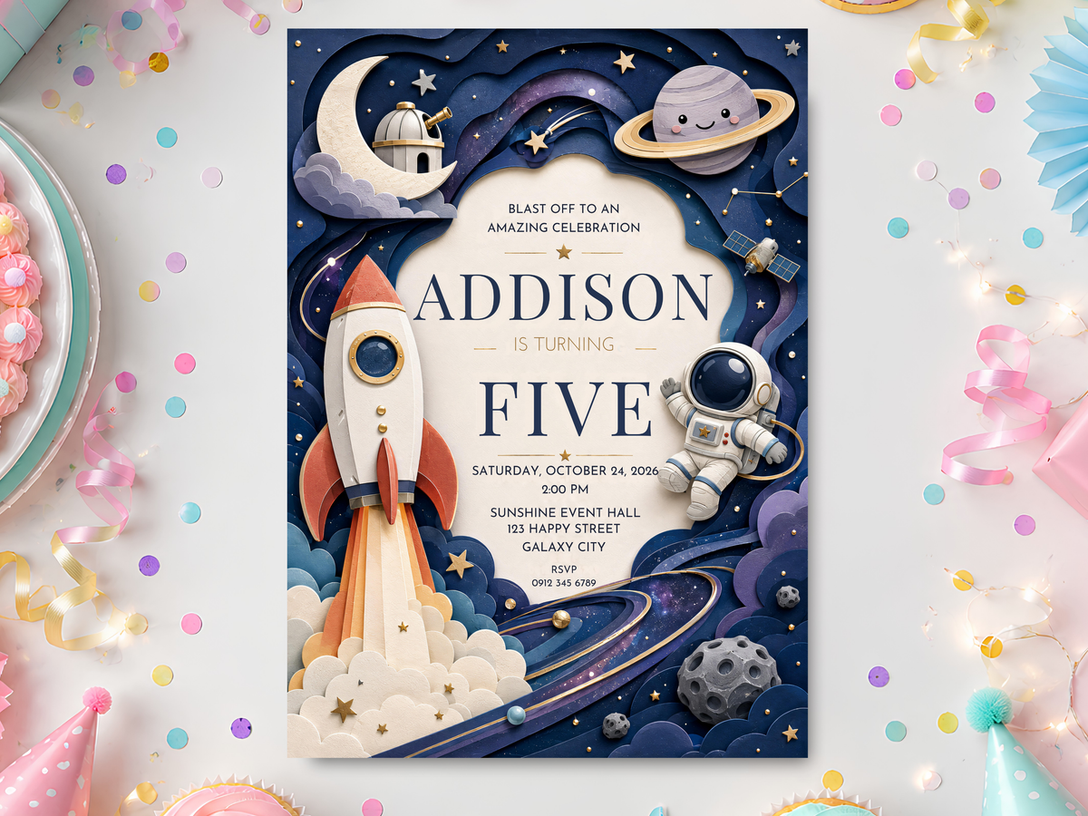 Outer space birthday invitation template featuring a rocket, astronaut, planets and stars in deep navy cosmic artwork.