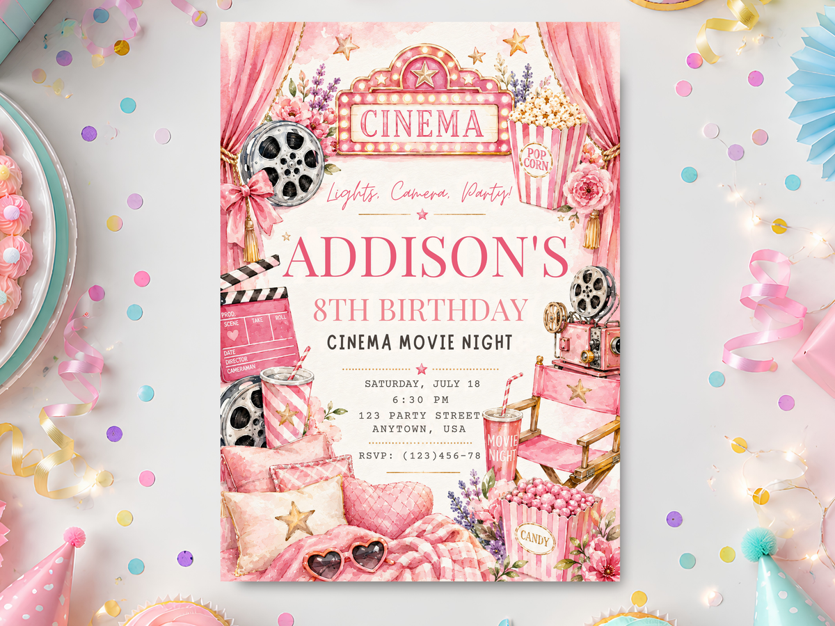 Vintage cinema movie night birthday invitation template in pink watercolor style with CINEMA marquee, film reels, popcorn, movie cameras, clapboard, stars, flowers and gold details