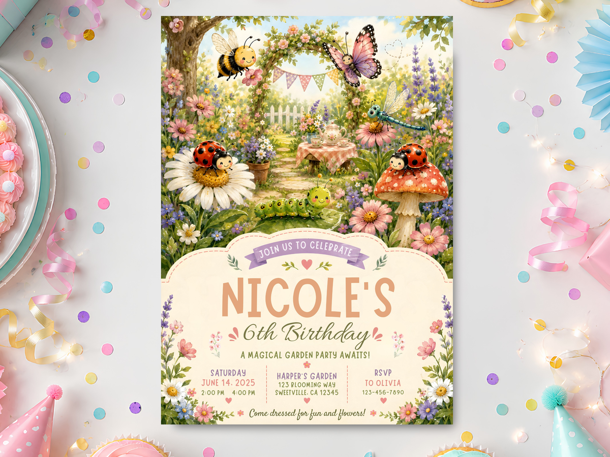 Floral garden birthday invitation template with watercolor flowers, bee, butterfly, ladybugs and whimsical garden scenery.