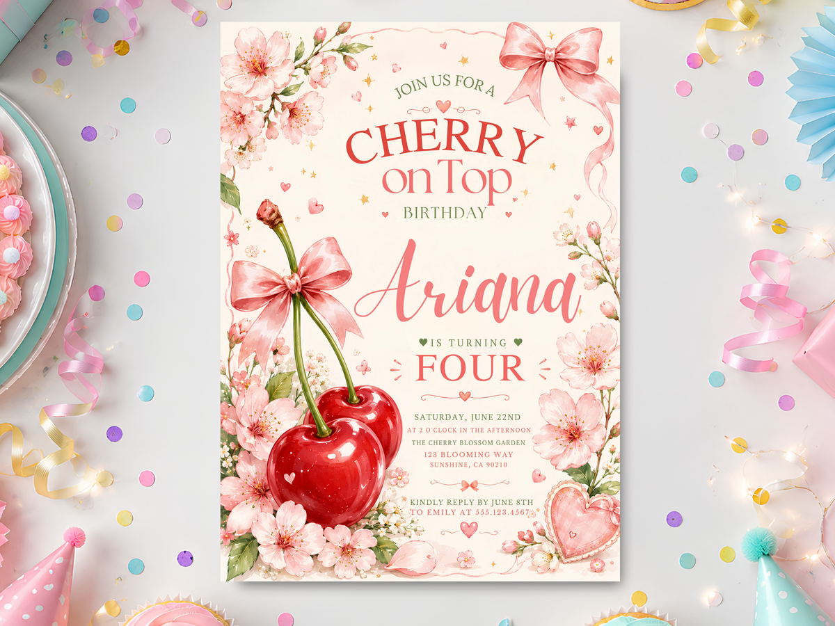 Cherry on Top birthday invitation template with watercolor cherries, pink blossoms and bows