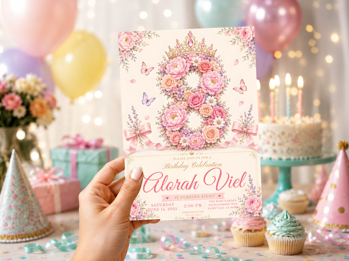 Floral butterfly birthday invitation design featuring romantic roses, pastel botanical flowers, butterflies, ribbon accents, and a soft blush garden-party palette.