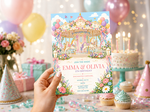 Enchanted carousel birthday invitation with pastel carousel horses, flowers, butterflies and elegant birthday typography