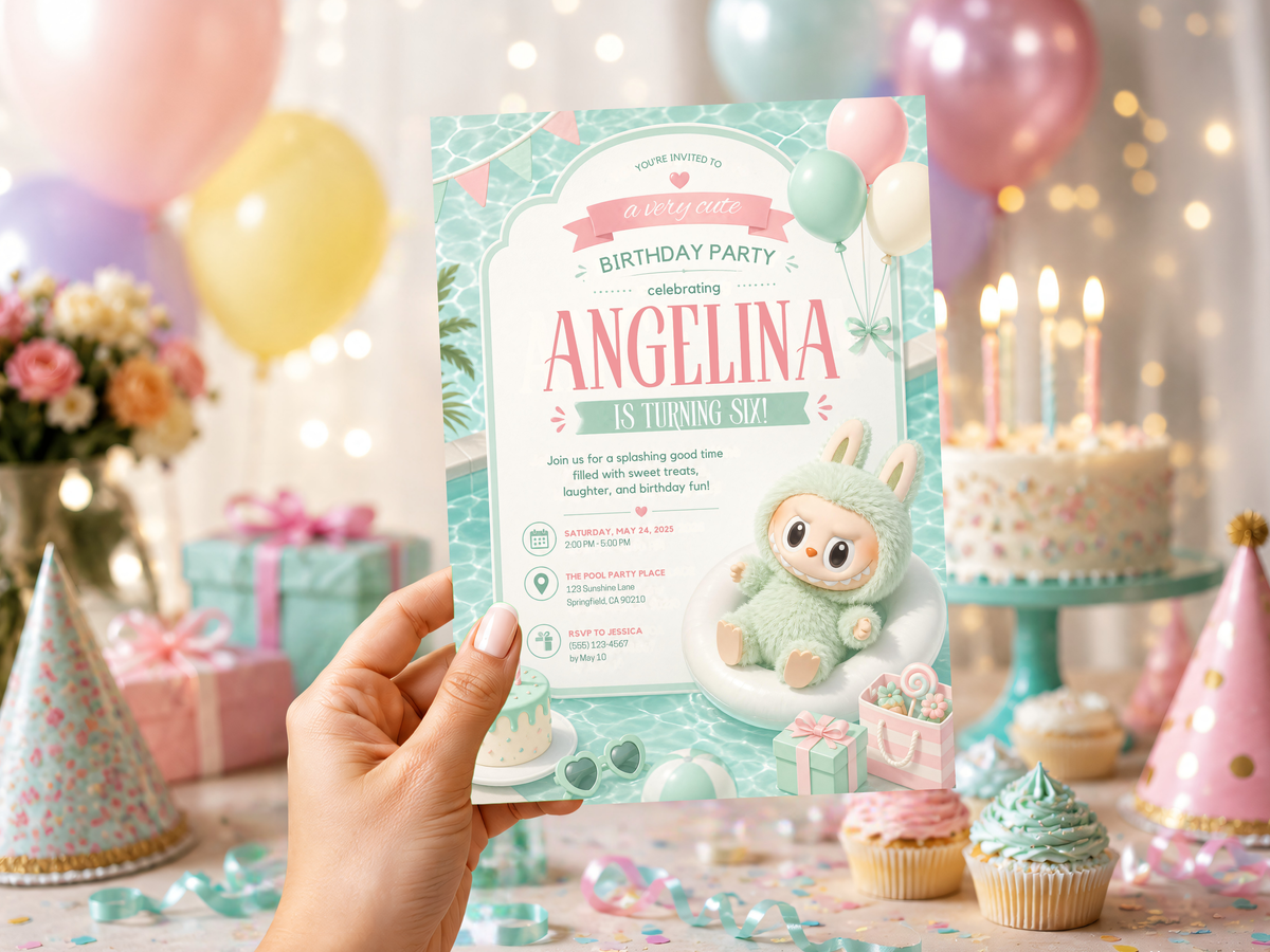 Alternate view of the mint green monster birthday invitation template featuring the cute plush-style green monster and pastel party details.