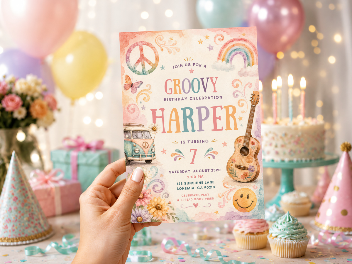Retro groovy birthday invitation artwork featuring a rainbow, peace sign, acoustic guitar, flowers and colorful hippie motifs.
