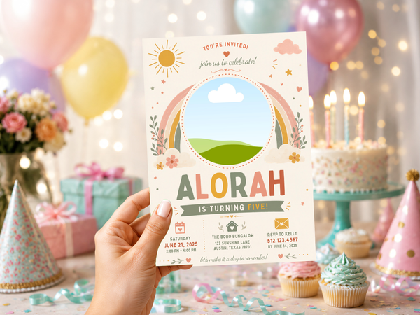 Boho rainbow birthday invitation template showing the warm cream background, pastel rainbow arch, sunny sky, clouds, and rolling green hills in a cheerful kids birthday design.