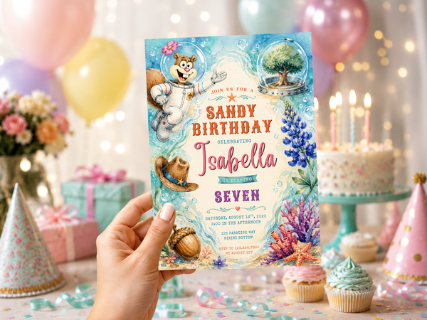 Sandy Cheeks birthday invite design featuring an underwater cartoon character, aqua blue background details, coral, shells, starfish, flowers, and playful colorful typography.