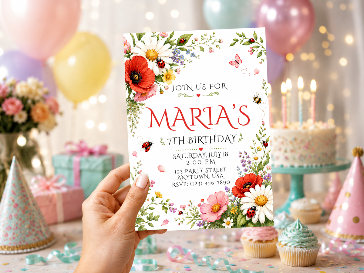 Wildflower garden birthday invitation featuring colorful floral artwork, daisies, poppies, butterflies, ladybugs, a bee and green botanical foliage.