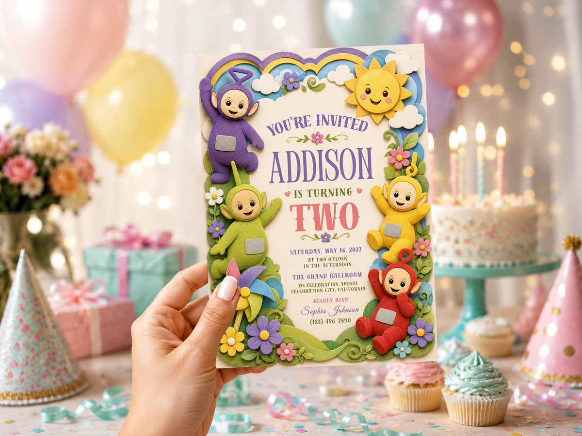Teletubbies birthday invitation design featuring cheerful character artwork, bright rainbow accents, flowers, clouds, and editable birthday party details in a colorful children’s theme.