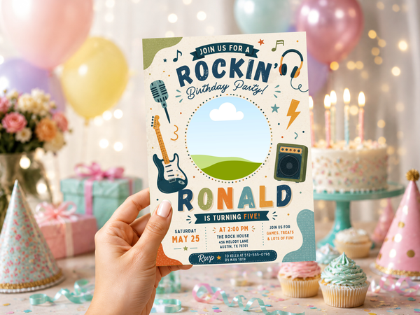 Rockin' birthday invitation template with bold navy and orange lettering, musical notes, stars, guitar and microphone on a cream background.