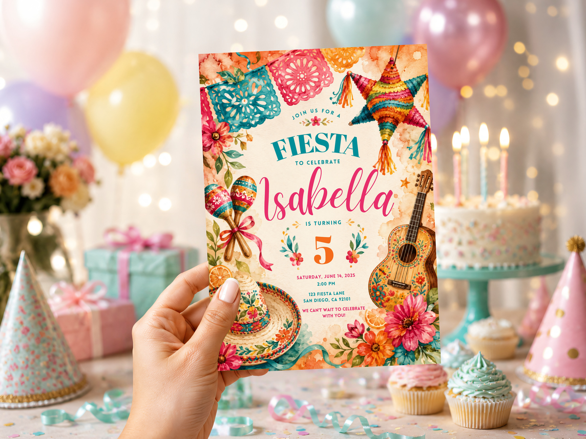 Colorful Fiesta birthday invite design featuring a striped piñata, papel picado, maracas and bright floral details on a light background.