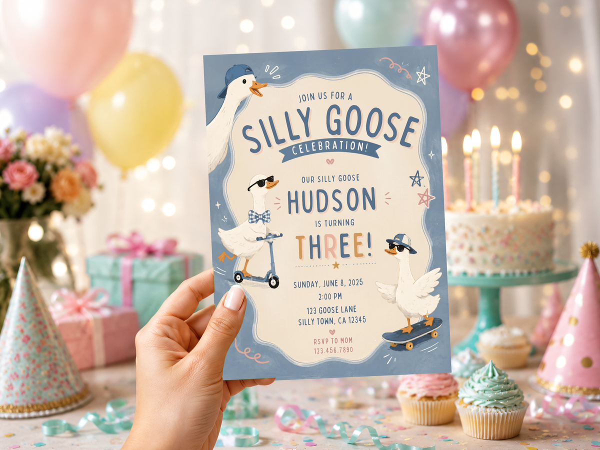 Silly Goose birthday invitation artwork featuring three white geese, a blue and cream invitation panel, peach accents, stars, hearts, and playful birthday lettering.