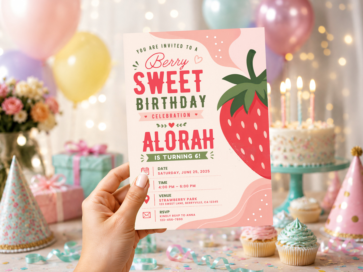 Strawberry birthday invitation template featuring red strawberries, leafy green accents, soft pink and cream tones, and playful birthday typography.