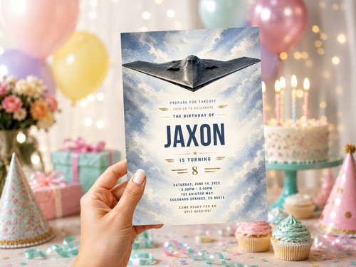Editable airplane birthday invite design in portrait format, showing a jet against a soft blue watercolor sky with clouds and refined navy lettering.