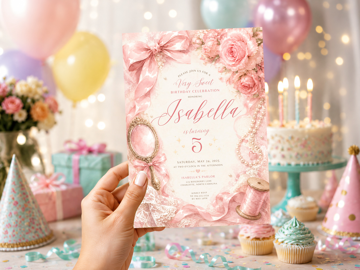 Vintage sewing birthday invitation design detail showing soft blush roses, ribbon bows, pearls and elegant script typography.
