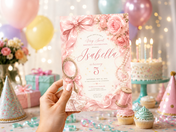 Vintage sewing birthday invitation design detail showing soft blush roses, ribbon bows, pearls and elegant script typography.