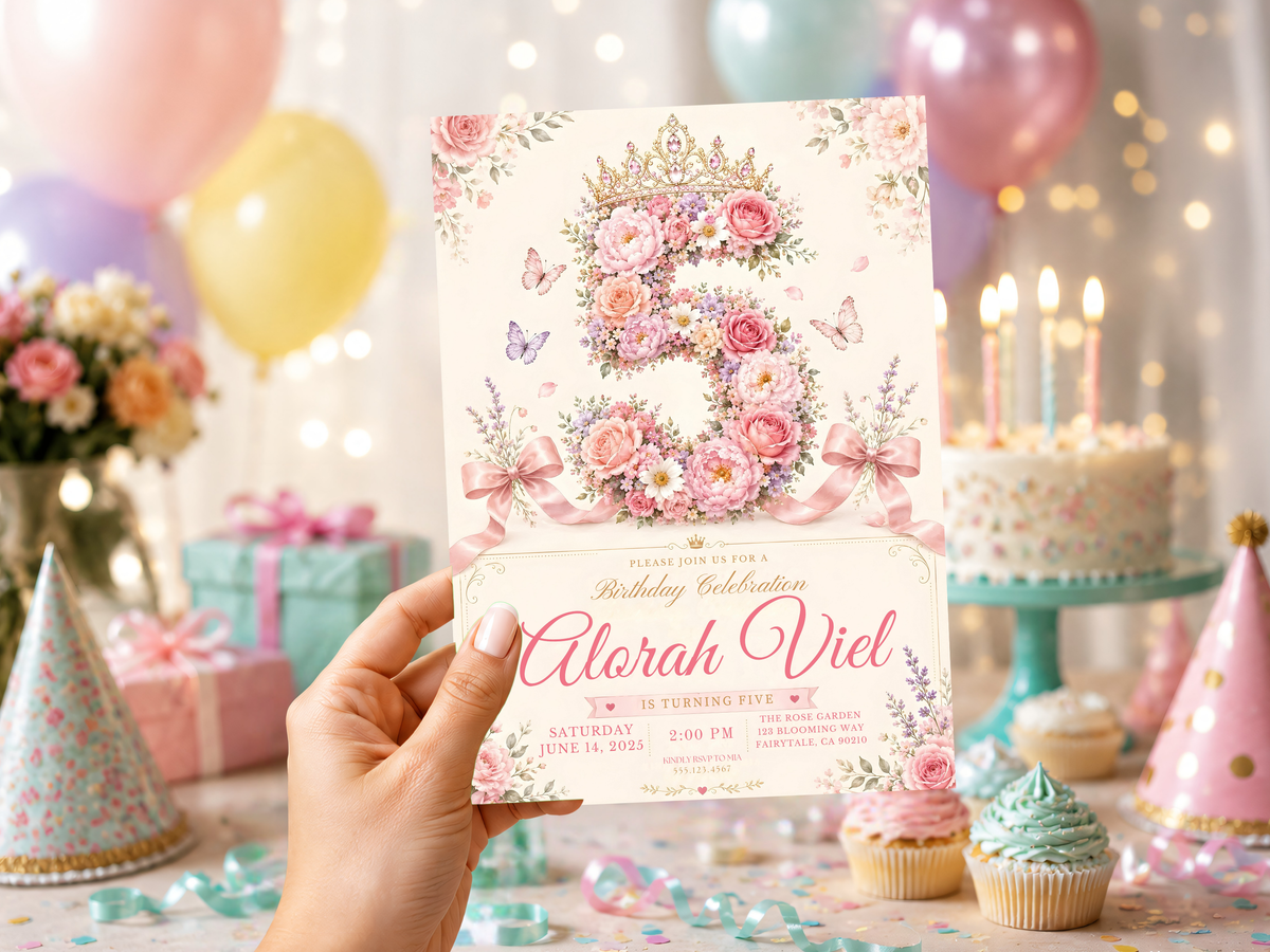 Elegant floral butterfly birthday invitation featuring a large floral numeral, blush pink roses and delicate butterflies.