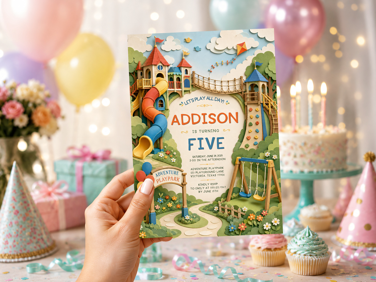 Playground birthday invitation mockup featuring a bright illustrated adventure park scene with slides, swings, climbing elements, clouds, and colorful party details.