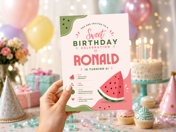 Watermelon birthday invitation design featuring a playful summer fruit theme, watermelon slices, green leaves, pink-red accents, cream background, and festive birthday details.