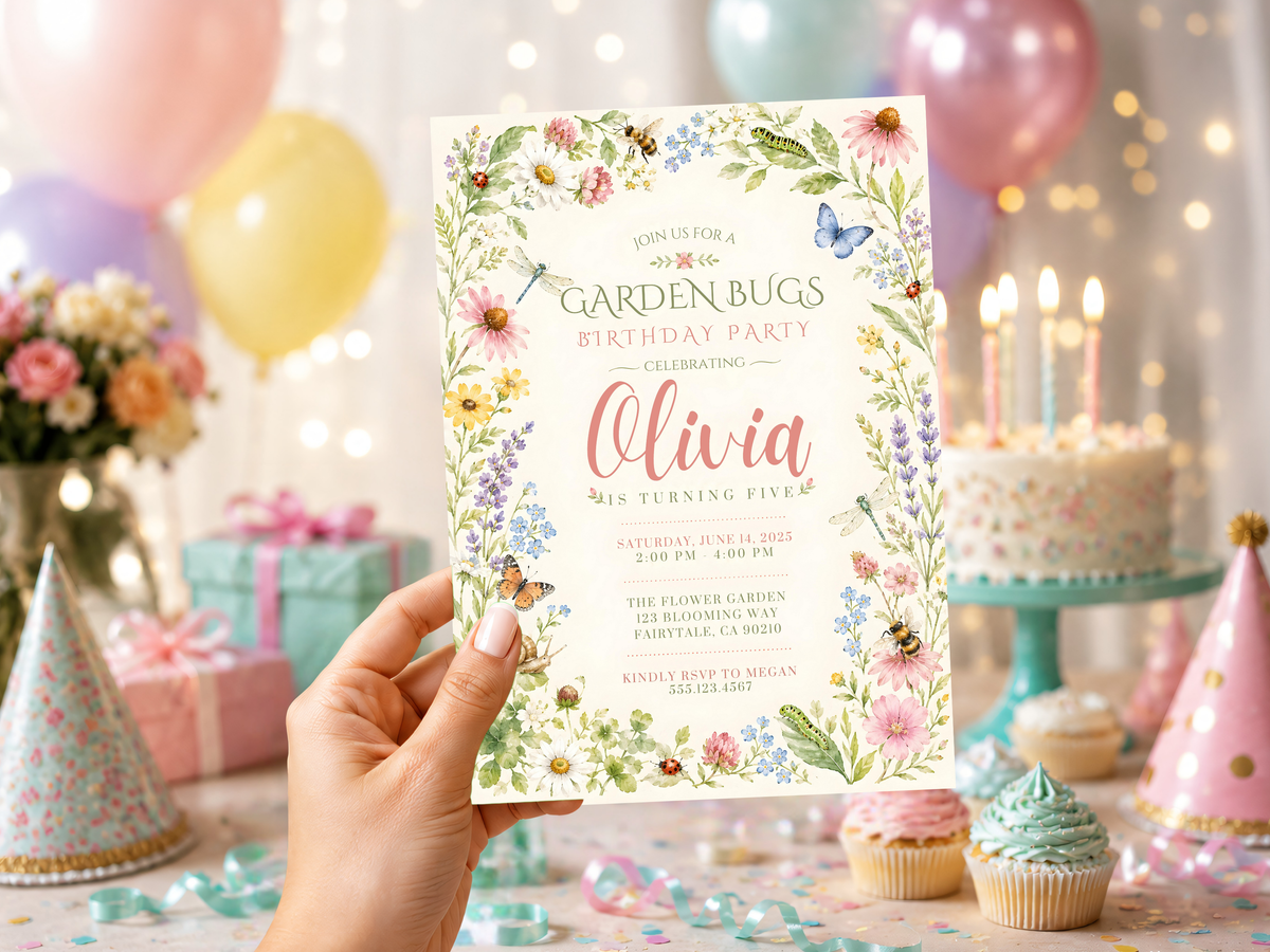 Garden bugs birthday invitation template featuring hand-painted flowers, leafy greenery and delicate butterfly details in a soft pastel palette.
