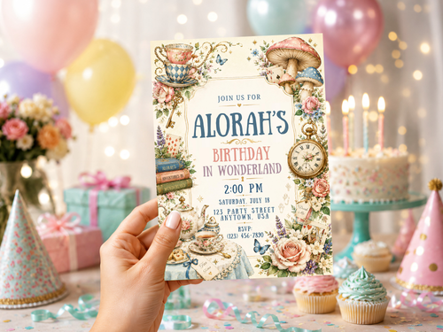 Alice in Wonderland birthday invitation product preview featuring a whimsical vintage watercolor wonderland theme with ornate floral details and tea-party elements.