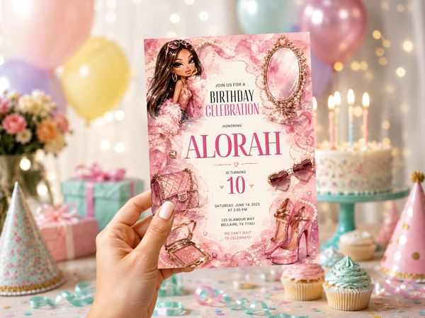 Bratz birthday invitation digital template with pink glam fashion doll artwork and beauty details