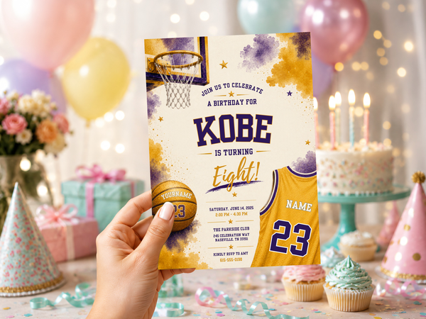 Basketball birthday invitation design featuring a cream background, purple and gold watercolor splashes, basketball imagery, stars, and sporty athletic typography.
